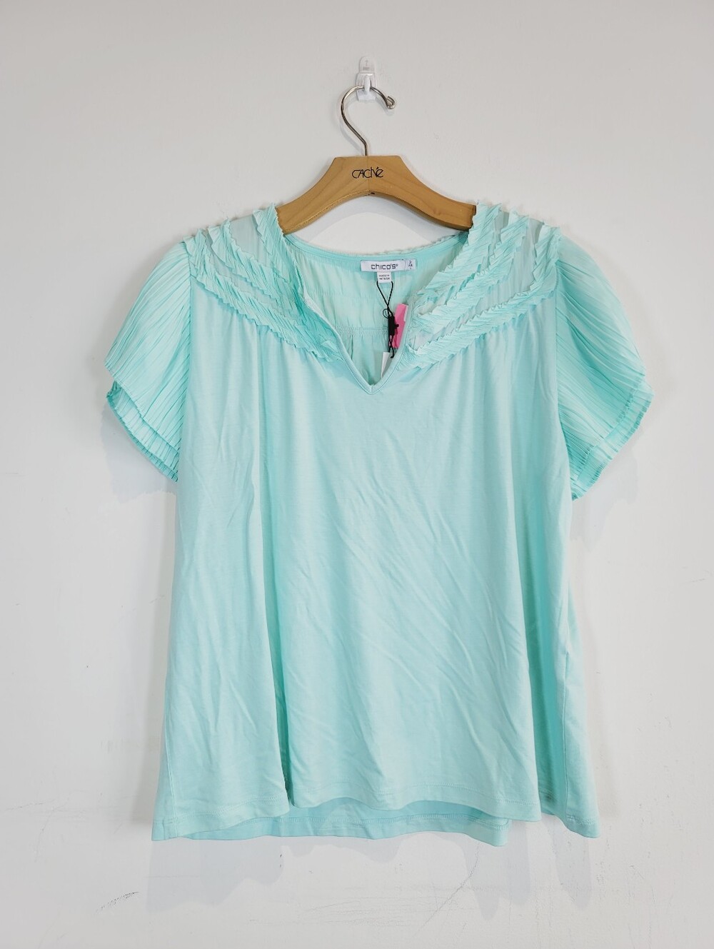 Chico's Mint Pleated Yoke Short Sleeve Blouse, Size 2 (L)